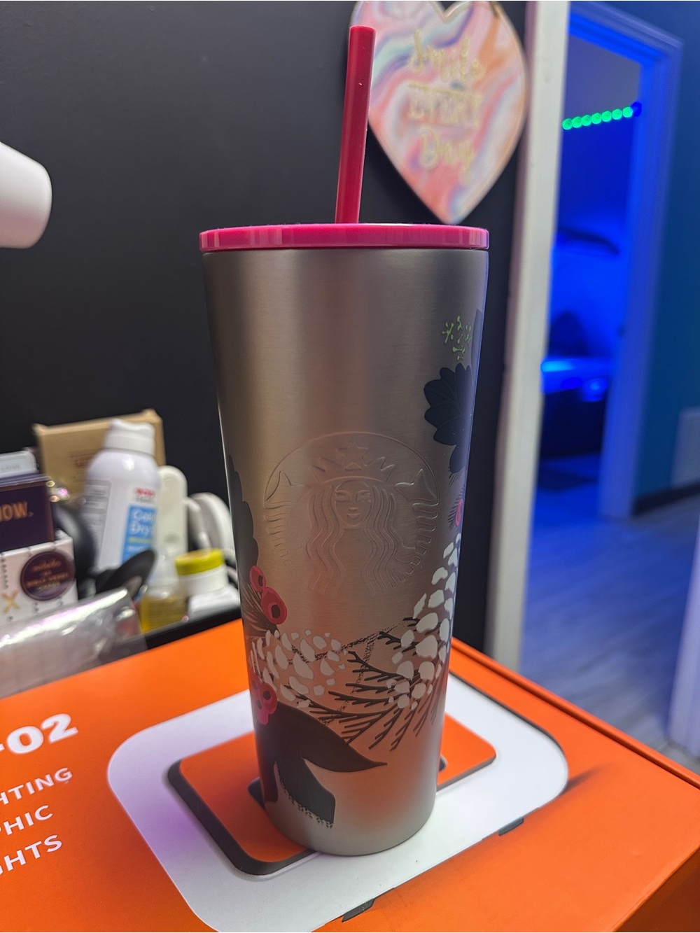 NWT Starbucks Christmas 2021 Tumbler with Pine Cones - Silver and Pink